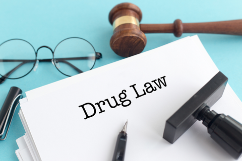 A paper with Drug Law stamped across it and a gavel next to it.