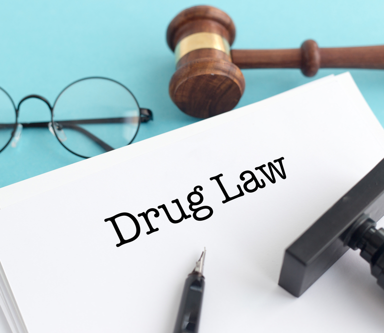 A paper with Drug Law stamped across it and a gavel next to it.
