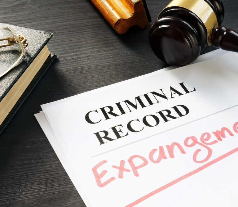A paper stating Criminal Record Expungement with a gavel next to it.