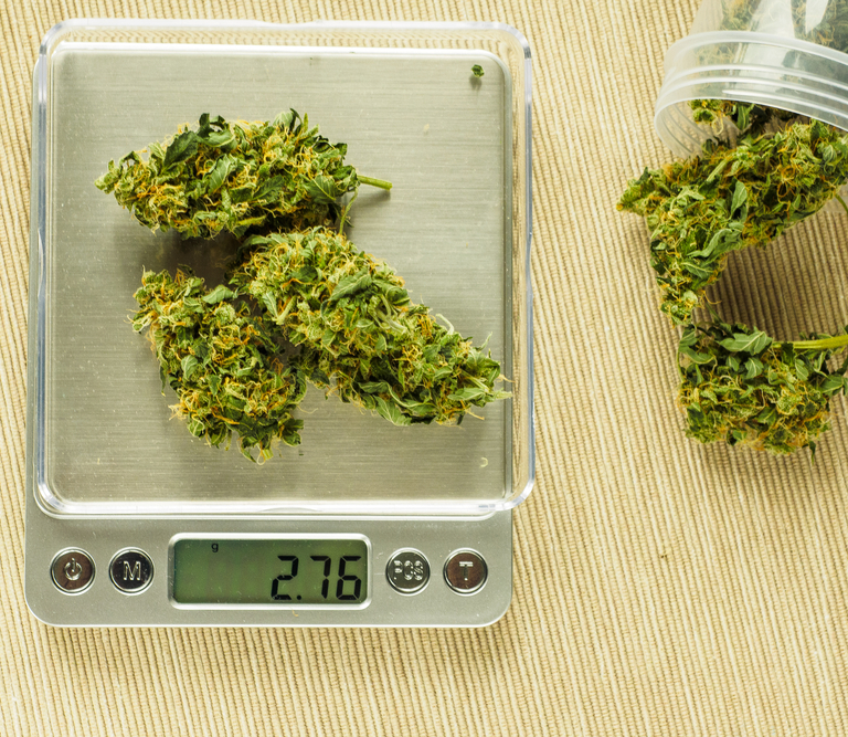 Cannabis in a jar and on a scale.